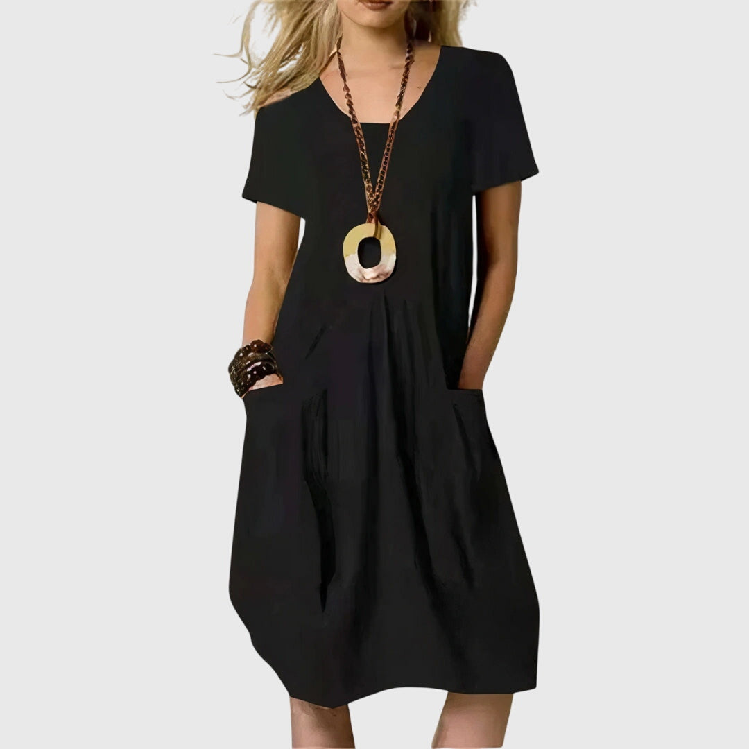 Women's Midi Dress | Solid V-Neck Pocket Swing