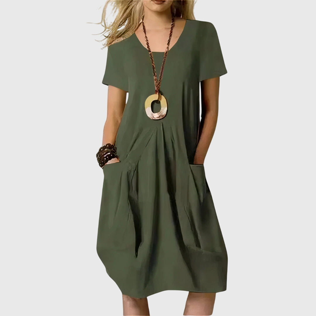 Women's Midi Dress | Solid V-Neck Pocket Swing
