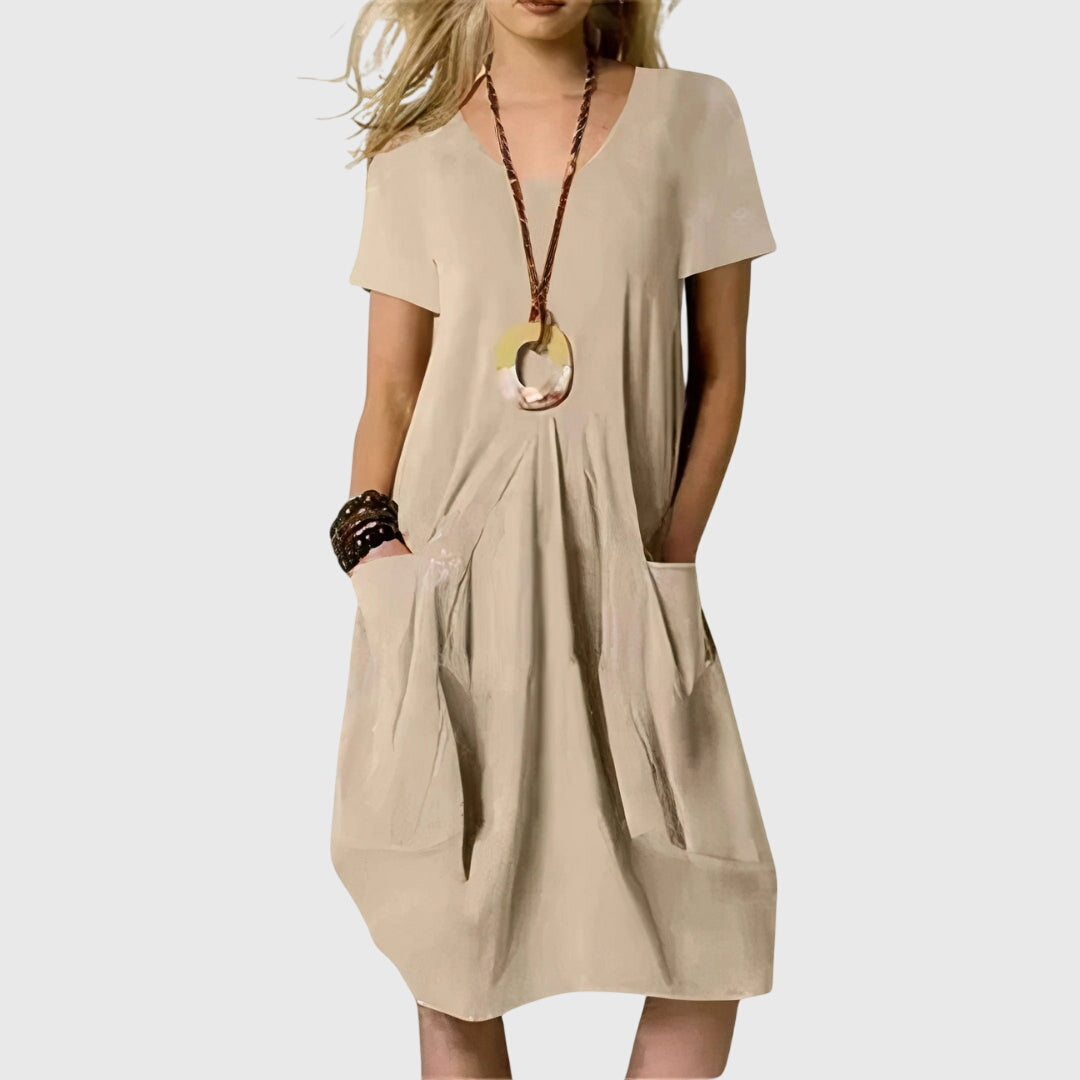 Women's Midi Dress | Solid V-Neck Pocket Swing