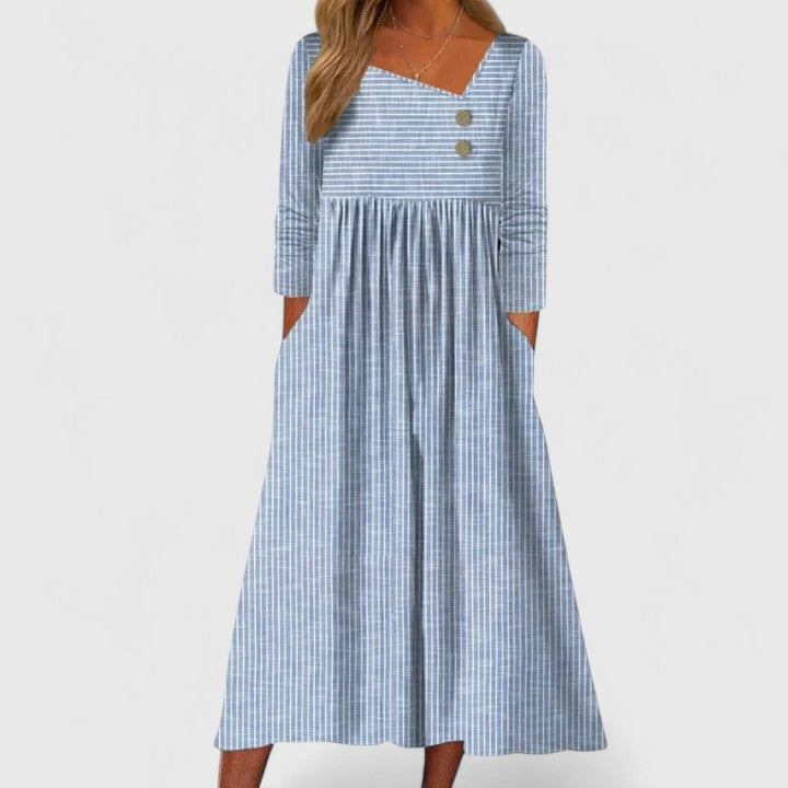 Women's Midi Dress | Striped Square Neck & Pocket Design