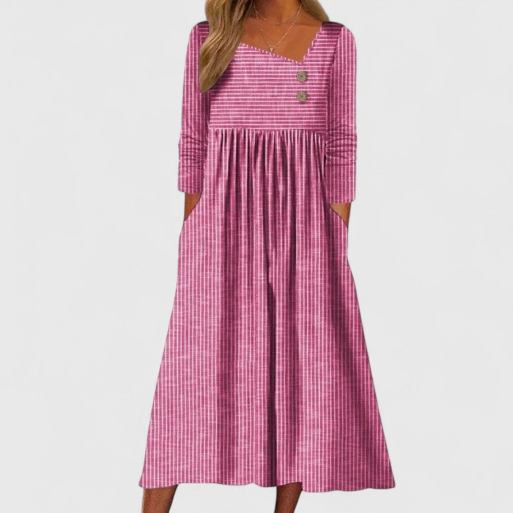 Women's Midi Dress | Striped Square Neck & Pocket Design