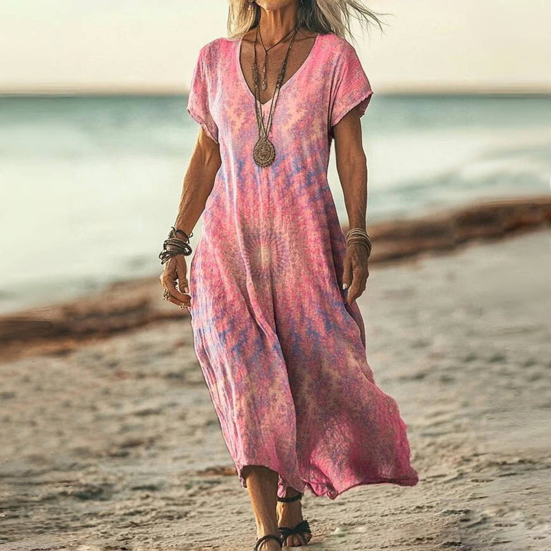 Women's Midi Dress | Tie Dye V Neck Loose Beach Dress