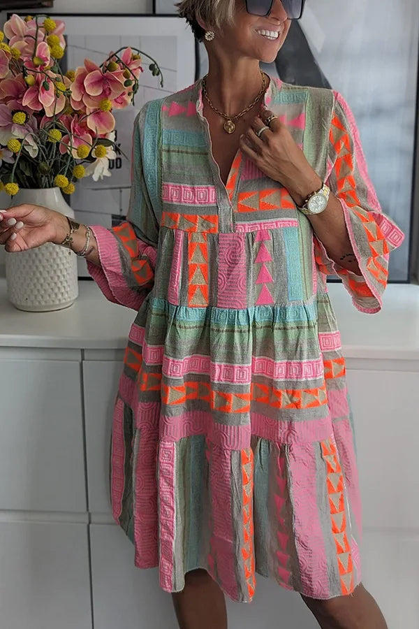 Women's Midi Dress | Tiered Smock Dress With Three Quarter Ruffle Sleeves