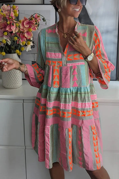 Women's Midi Dress | Tiered Smock Dress With Three Quarter Ruffle Sleeves