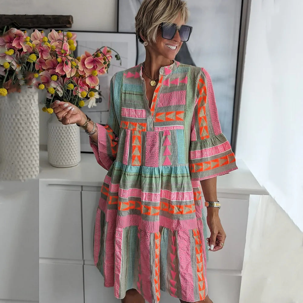 Women's Midi Dress | Tiered Smock Dress With Three Quarter Ruffle Sleeves