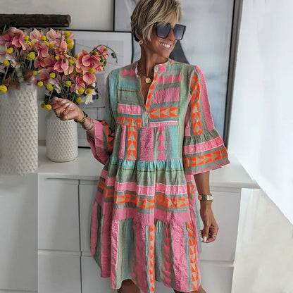 Women's Midi Dress | Tiered Smock Dress With Three Quarter Ruffle Sleeves