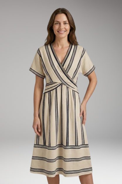 Women's Midi Dress | Twist Waist V Neck Stripe Dress