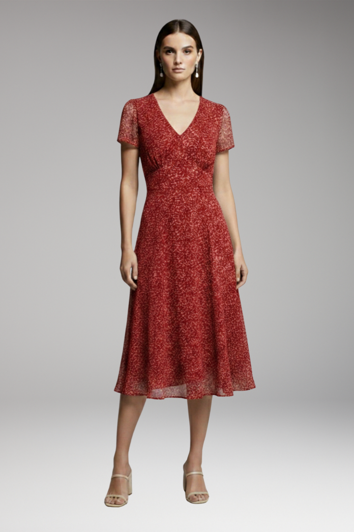 Women's Midi Dress | V-Neck With Sheer Flutter Sleeves