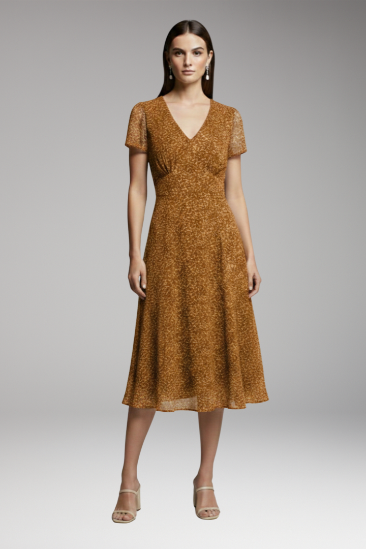 Women's Midi Dress | V-Neck With Sheer Flutter Sleeves