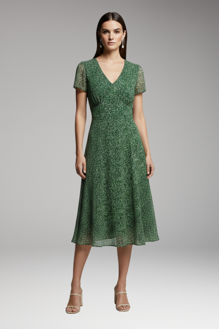 Women's Midi Dress | V-Neck With Sheer Flutter Sleeves