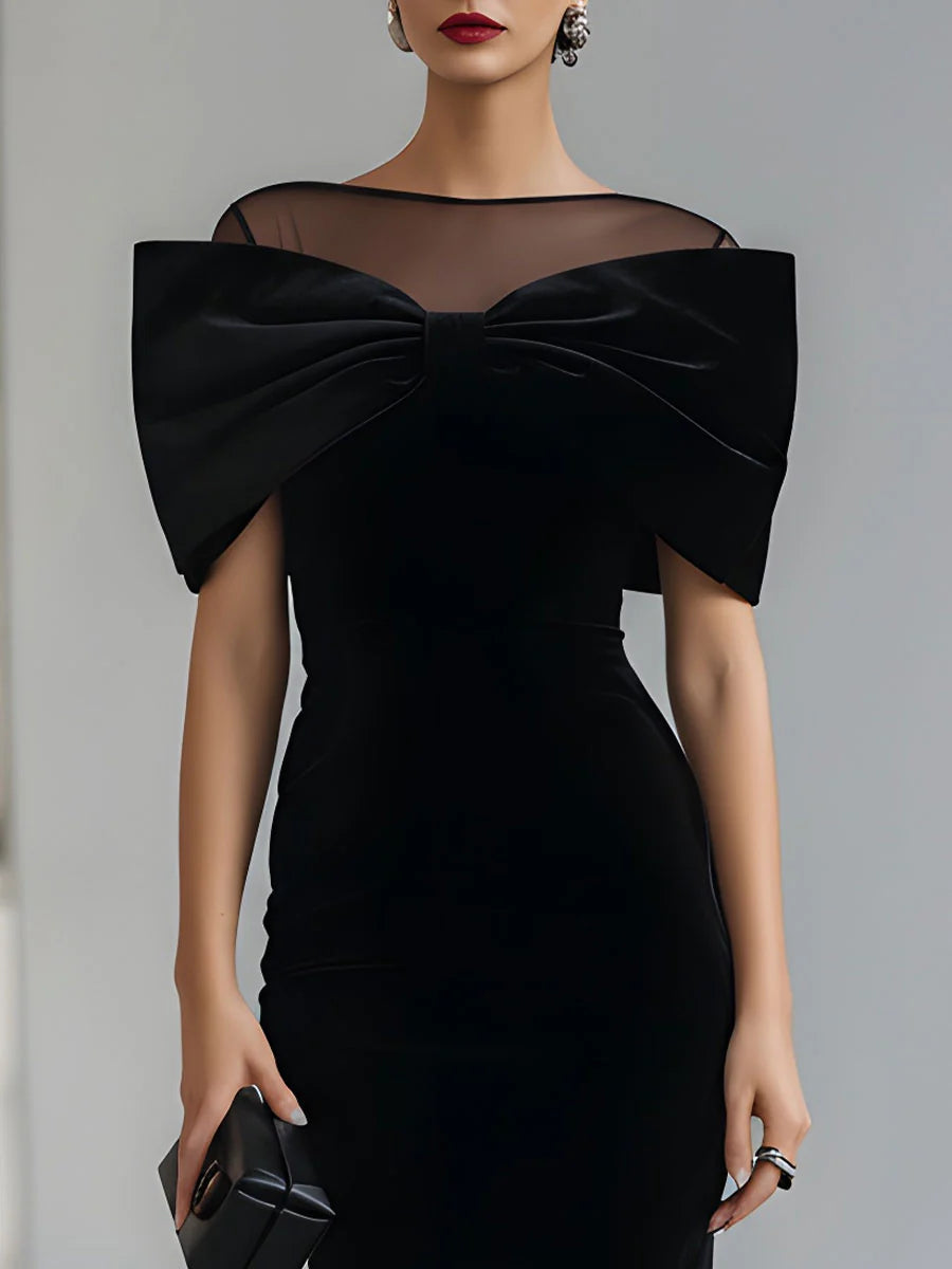 Women's Midi Dress | Velvet Bow Mesh Neckline & Fitted Silhouette