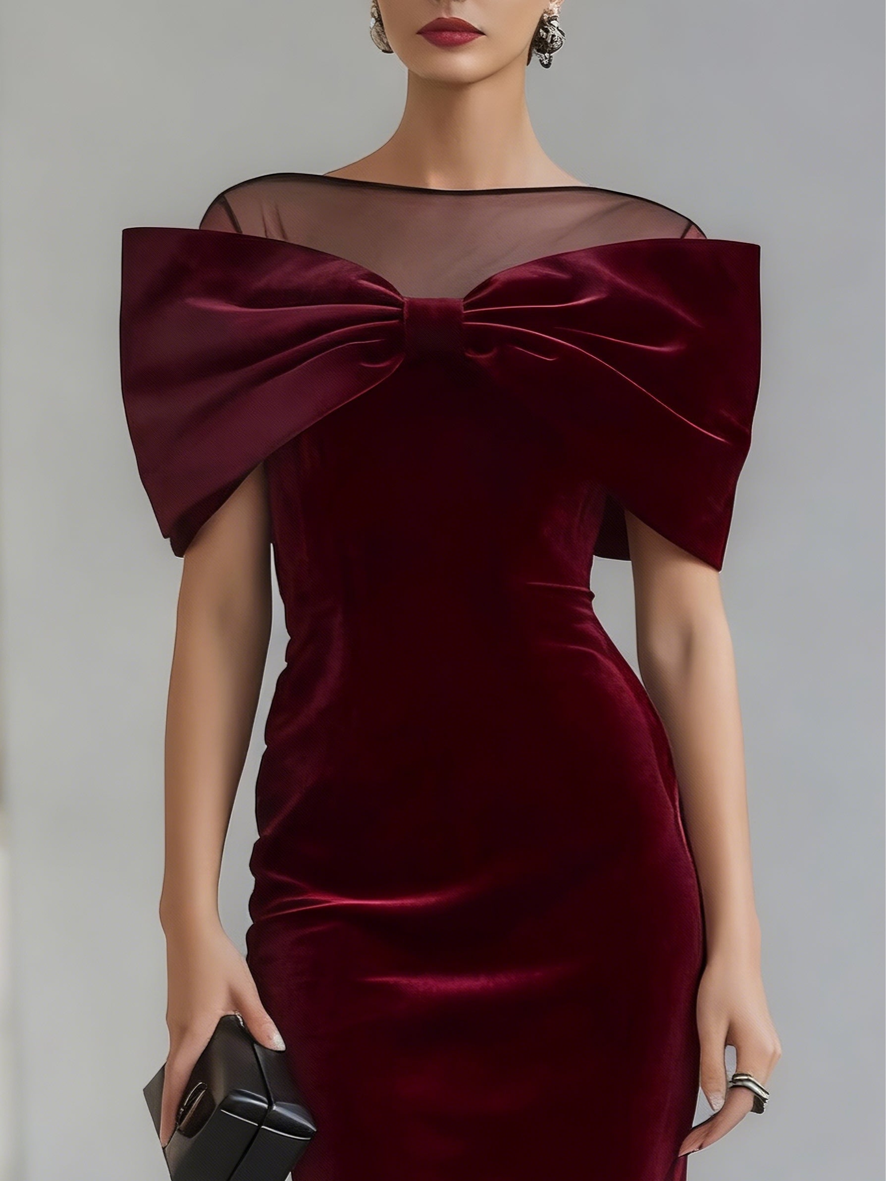 Women's Midi Dress | Velvet Bow Mesh Neckline & Fitted Silhouette