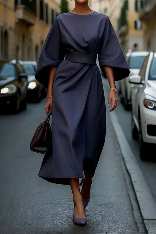 Women's Midi Dress | Waist-Defining Belt & Lantern Sleeves