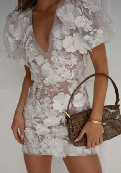Women's Mini Dress | 3D Floral Appliqué, Puff Sleeves & V-Neckline