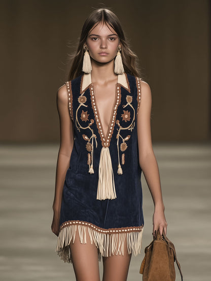Women's Mini Dress | Embroidered Front, Fringed Hem