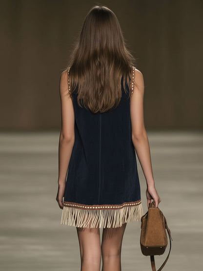 Women's Mini Dress | Embroidered Front, Fringed Hem
