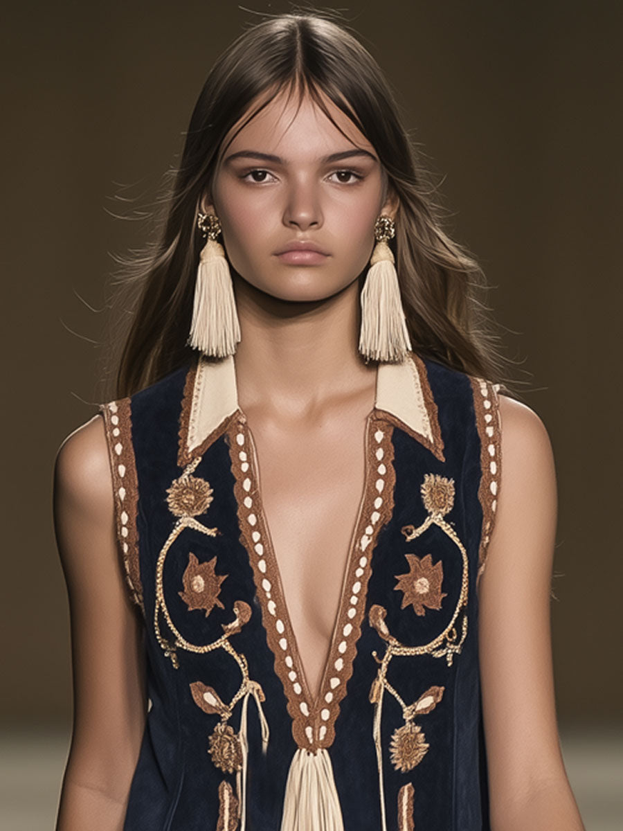 Women's Mini Dress | Embroidered Front, Fringed Hem