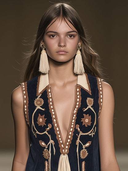 Women's Mini Dress | Embroidered Front, Fringed Hem