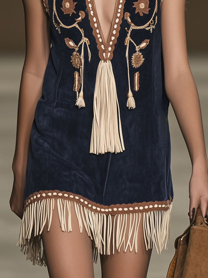 Women's Mini Dress | Embroidered Front, Fringed Hem