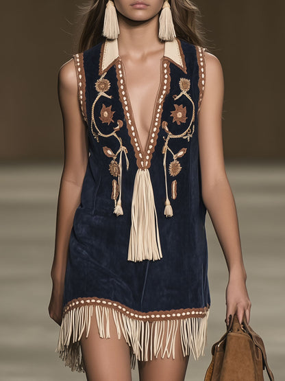 Women's Mini Dress | Embroidered Front, Fringed Hem