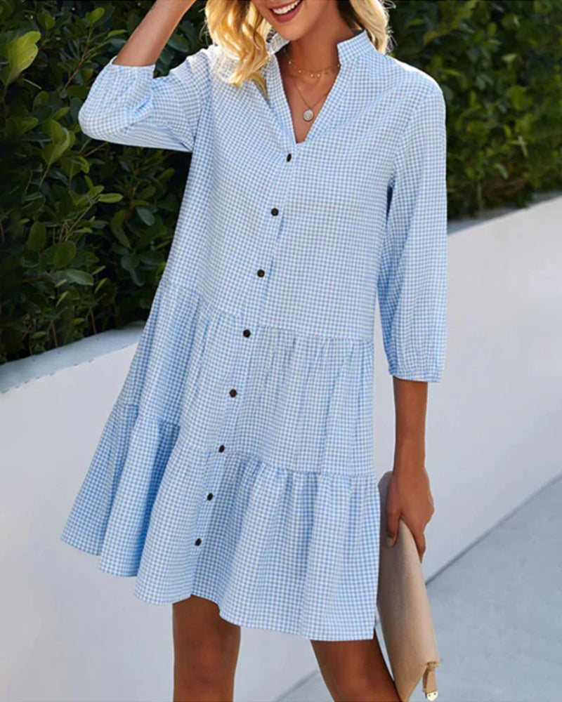 Women's Mini Dress | Gingham Check Tiered Style with Stand Collar and Button Front