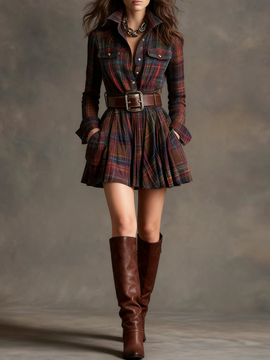 Women's Mini Dress | Plaid Belted Shirt Dress