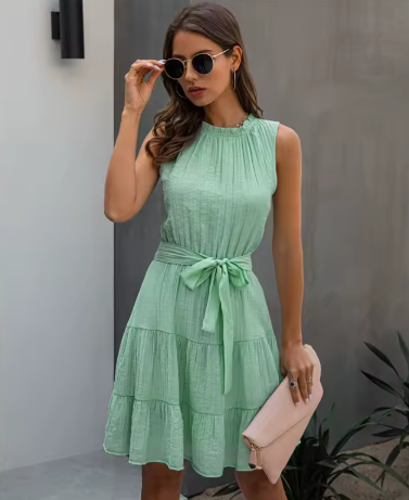 Women's Mini Dress | Ruffle Neck Tie Waist Tiered Sundress