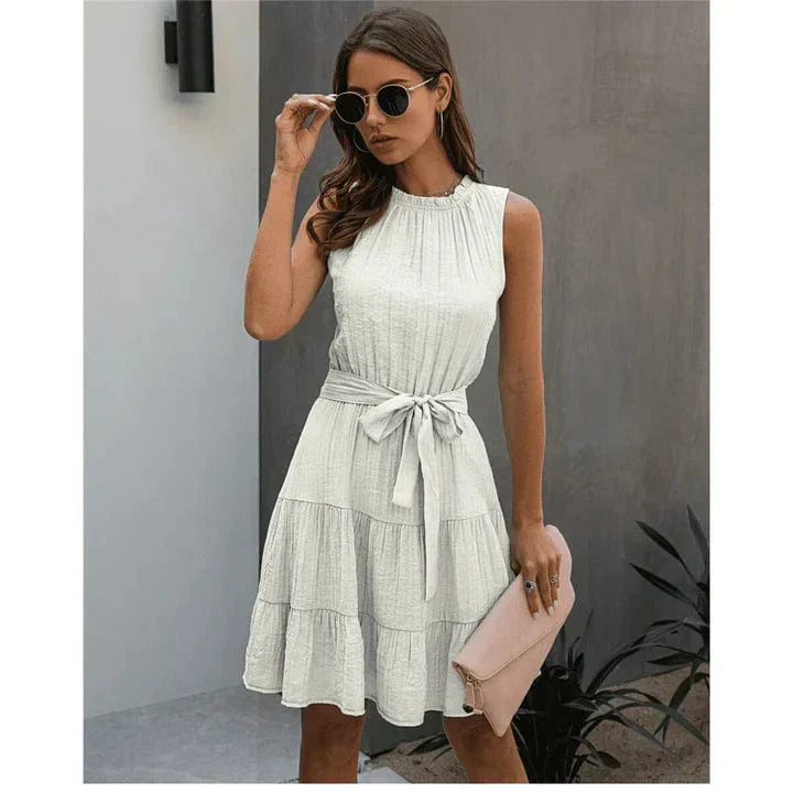 Women's Mini Dress | Ruffle Neck Tie Waist Tiered Sundress