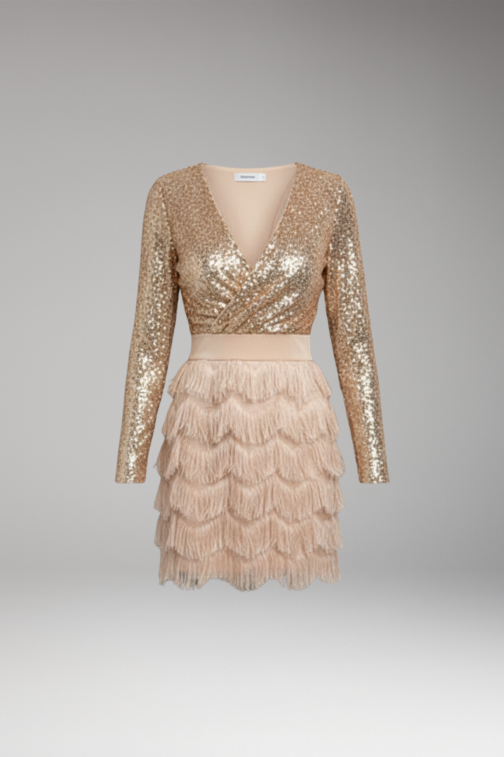 Women's Mini Dress | Sequin Wrap Bodice With Tiered Fringe
