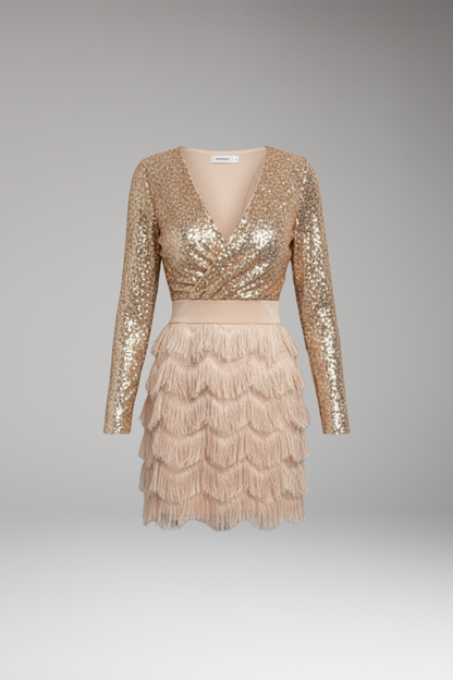 Women's Mini Dress | Sequin Wrap Bodice With Tiered Fringe