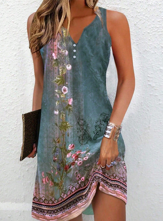 Women's Mini Dress | Sleeveless Abstract Print V-Neck Dress
