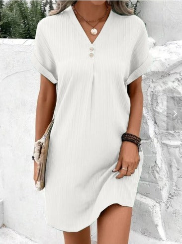Women's Mini Dress | V-Neck Placket, Turned-Back Cuffs