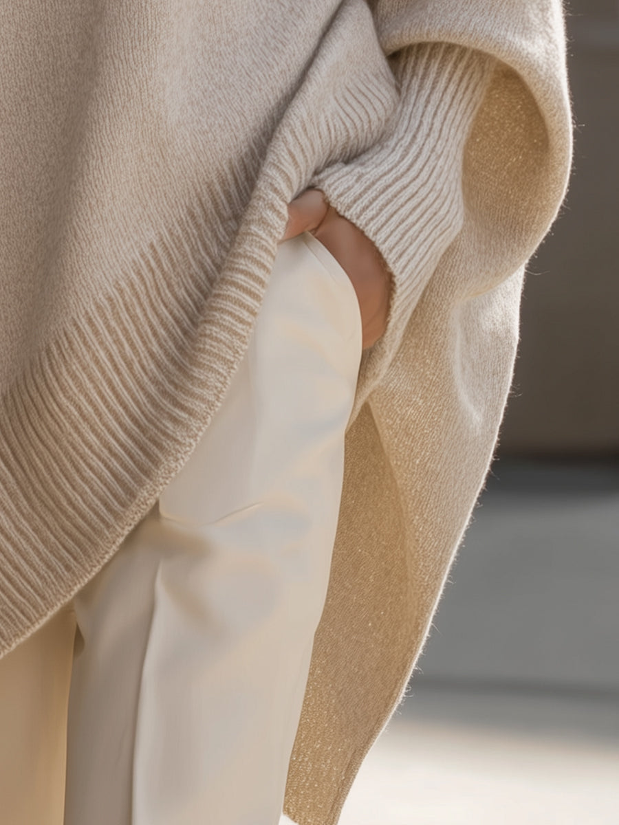 Women's Oversized Sweater | Poncho Cut, Ribbed Trim