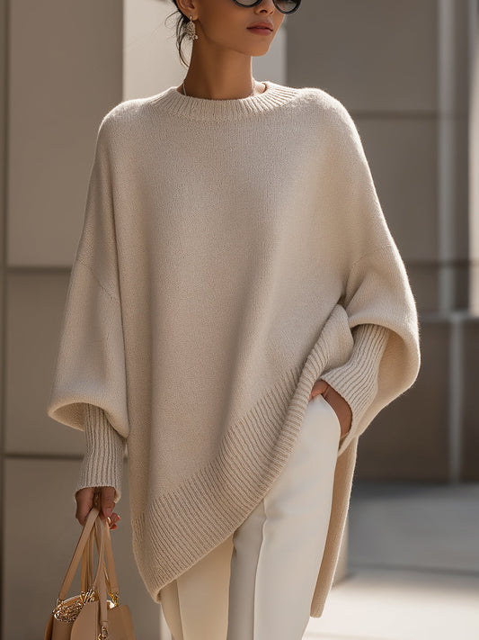Women's Oversized Sweater | Poncho Cut, Ribbed Trim