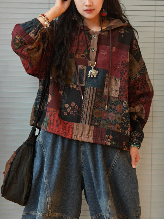 Women's Plus Size Hooded Sweatshirt | Patchwork Design & Raglan Sleeves