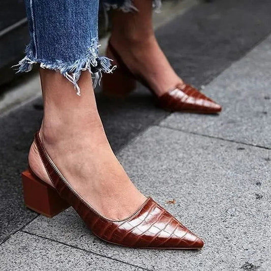 Women's Pointed Toe Heels | Croc Print Slingback Block Heel Shoes