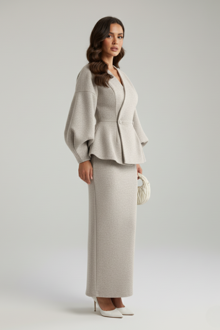 Women's Puff Sleeve Blazer & Midi Skirt Co-Ord Set | Tailored Fit & Elegant Finish