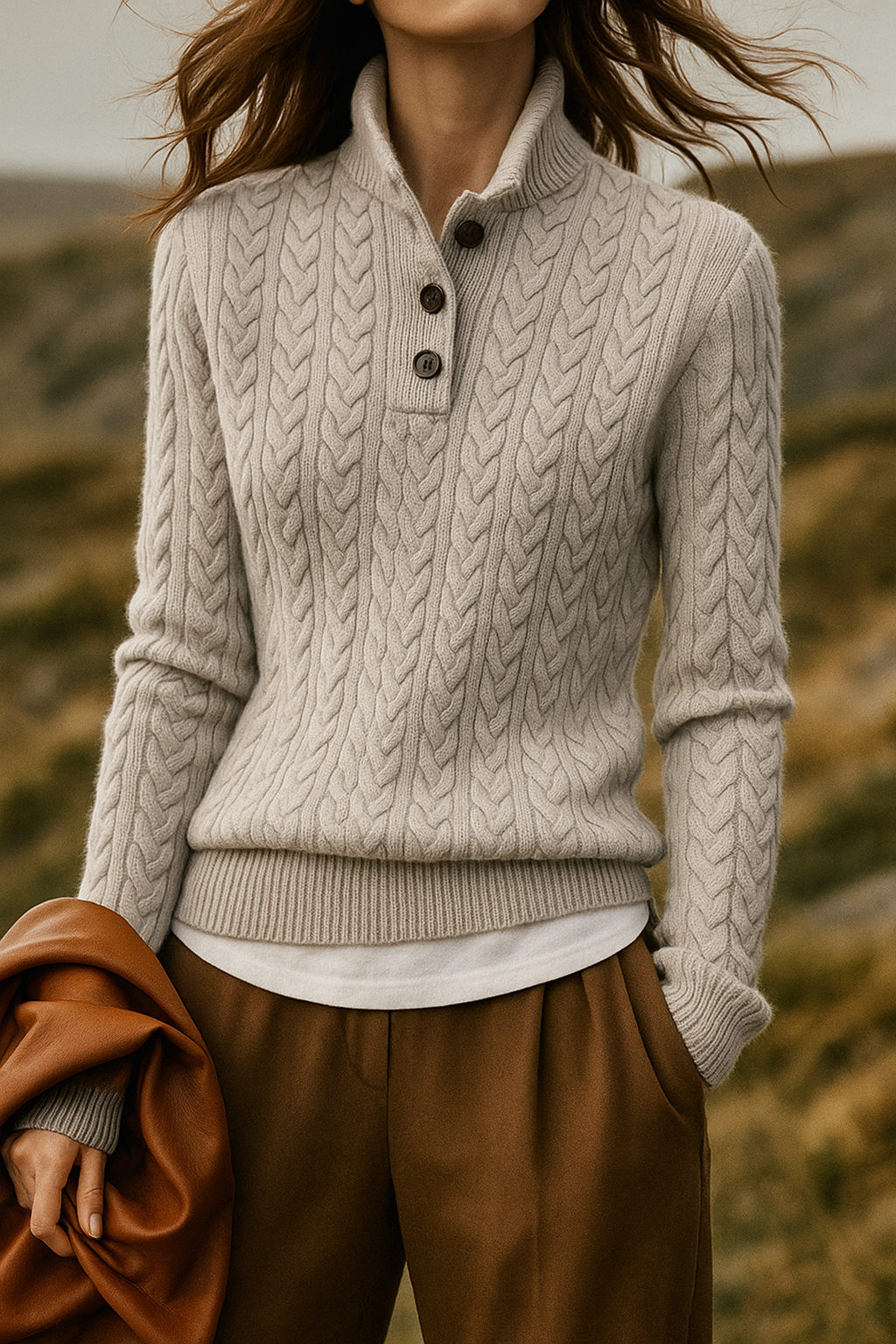 Women’s Pullover Sweatshirt – Wool Blend Cable Knit – Funnel Neck – Relaxed Fit