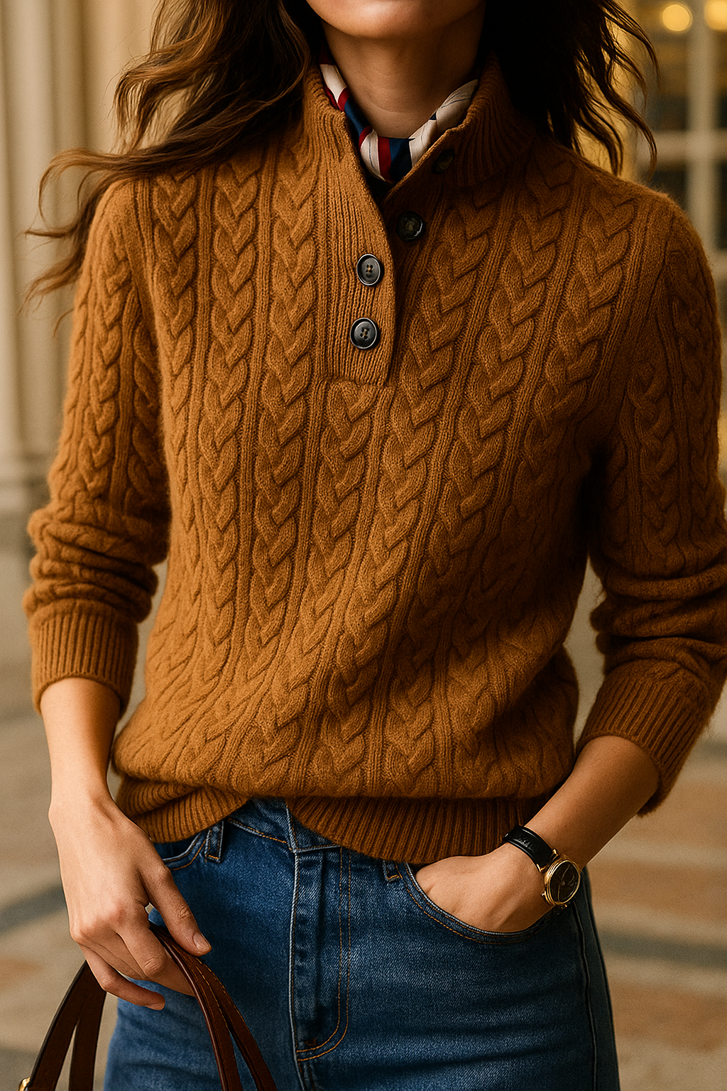 Women’s Pullover Sweatshirt – Wool Blend Cable Knit – Funnel Neck – Relaxed Fit