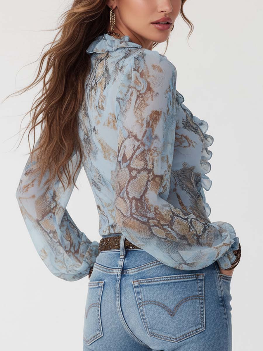 Women's Ruffled Blouse | Zip-Front Print Design