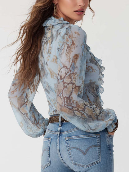 Women's Ruffled Blouse | Zip-Front Print Design