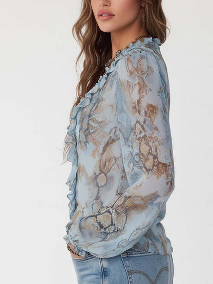 Women's Ruffled Blouse | Zip-Front Print Design