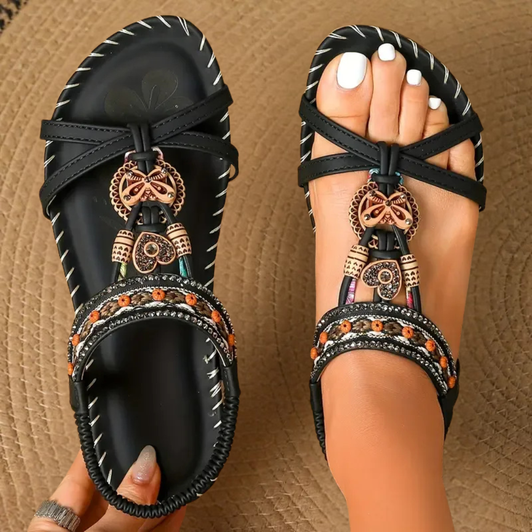 Women's Sandals | Crossed Straps, Beaded Charm Detail