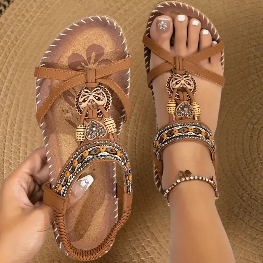 Women's Sandals | Crossed Straps, Beaded Charm Detail