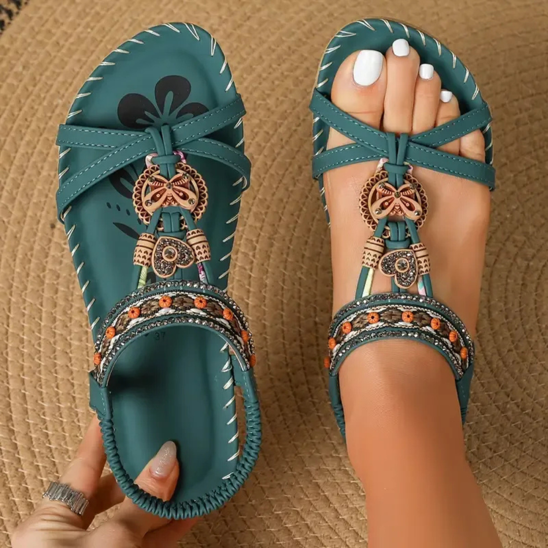 Women's Sandals | Crossed Straps, Beaded Charm Detail