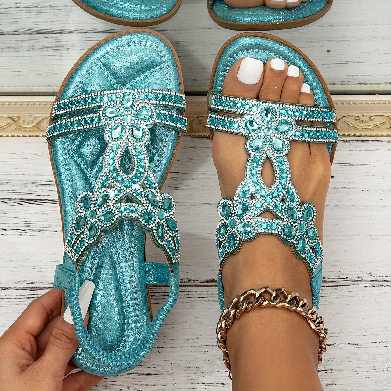 Women's Sandals | Jewelled T-Bar With An Elastic Back