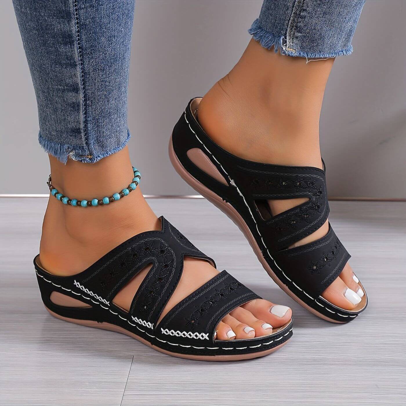 Women's Sandals | Punched Floral Panels, Low Wedge