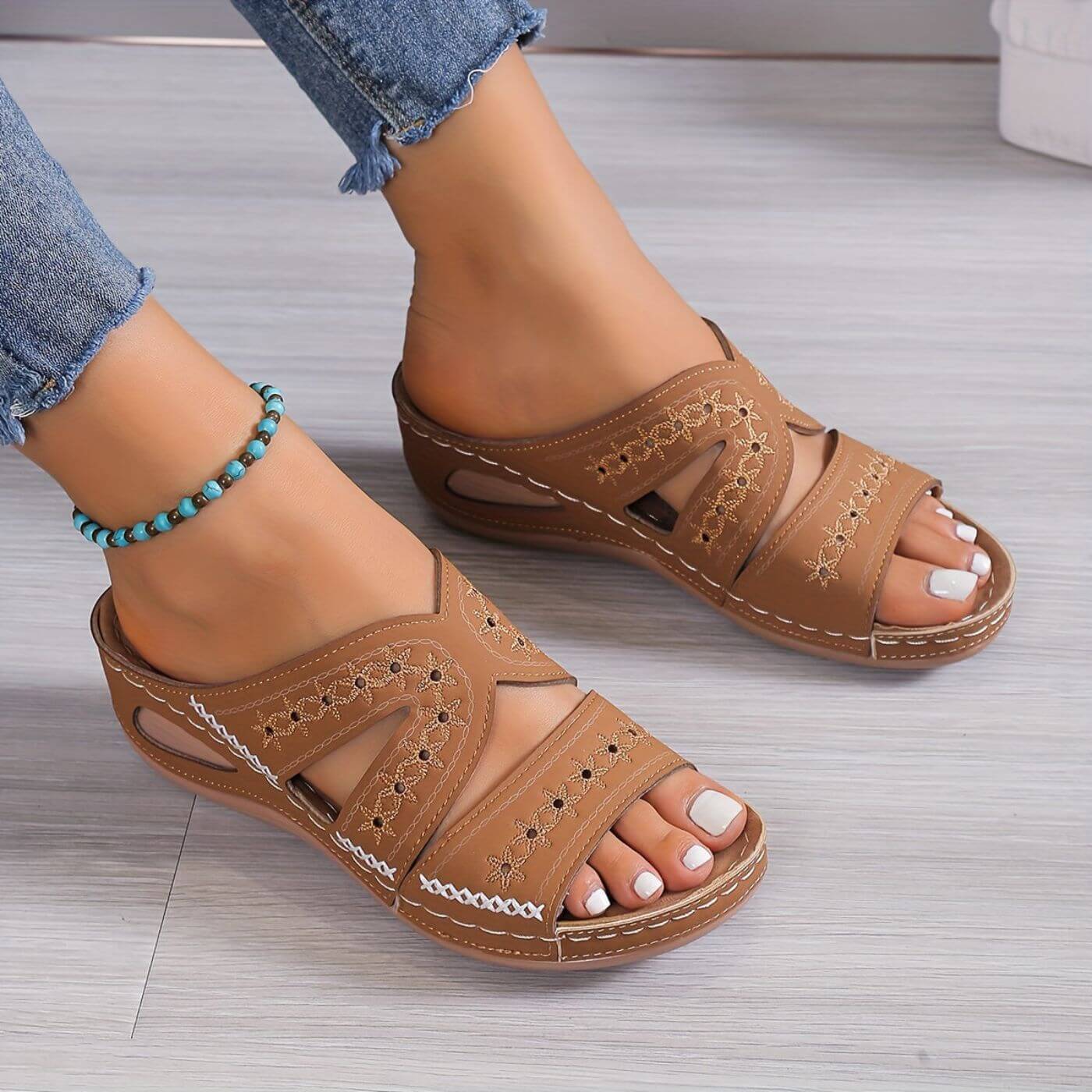 Women's Sandals | Punched Floral Panels, Low Wedge