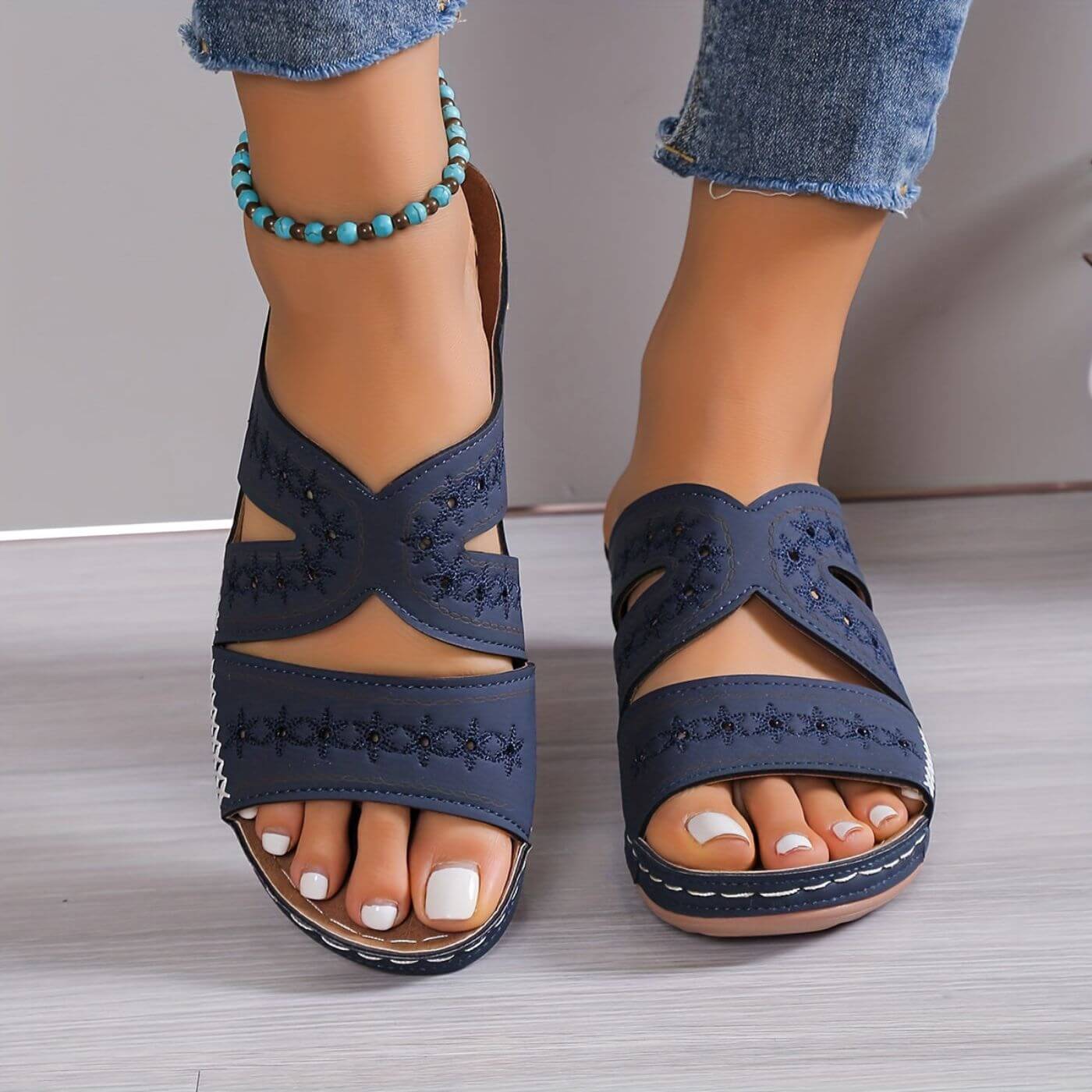 Women's Sandals | Punched Floral Panels, Low Wedge