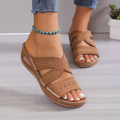 Women's Sandals | Punched Floral Panels, Low Wedge